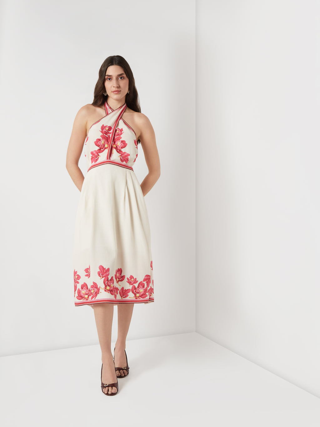 Floral Cotton Linen Halter Midi